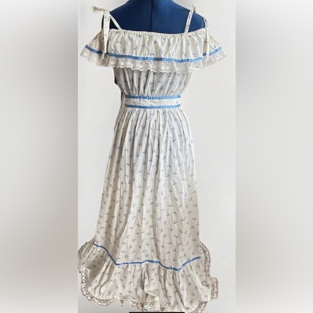 vintage 70s off shoulder ruffle floral print cotton cottage core maxi sun dress